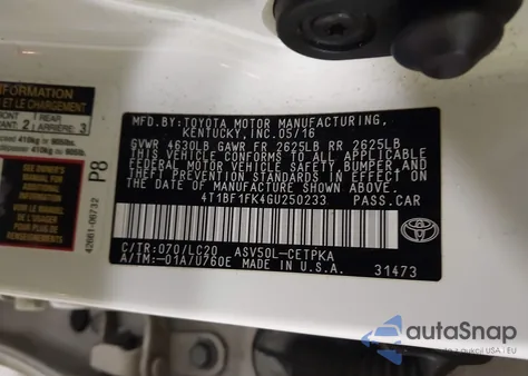 2016 Toyota Camry Xse z USA, uszkodzony, nr VIN 4T1BF1FK4GU250233